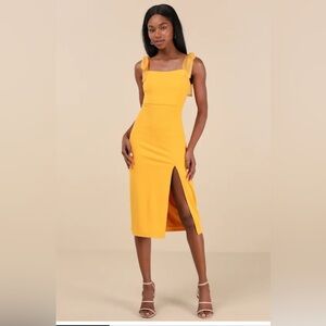 Lulu's Romantic Celebration Yellow Tie-Strap Bodycon Midi Dress